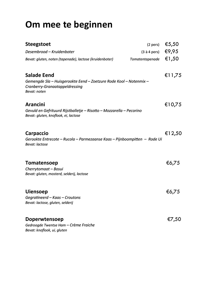 Dinerkaart voorpagina